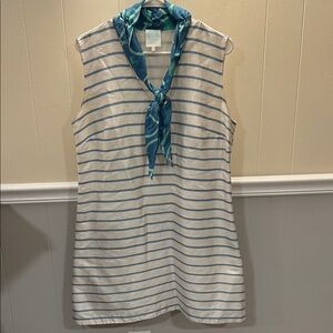 Sleeveless Striped Shift Dress with Teal Scarf